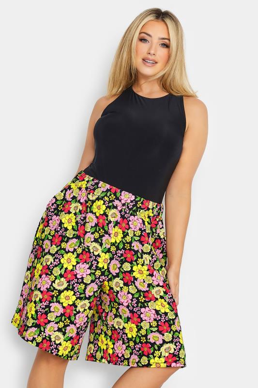 YOURS Plus Size Black & Yellow Floral Print Pull On Shorts | Yours Clothing 1