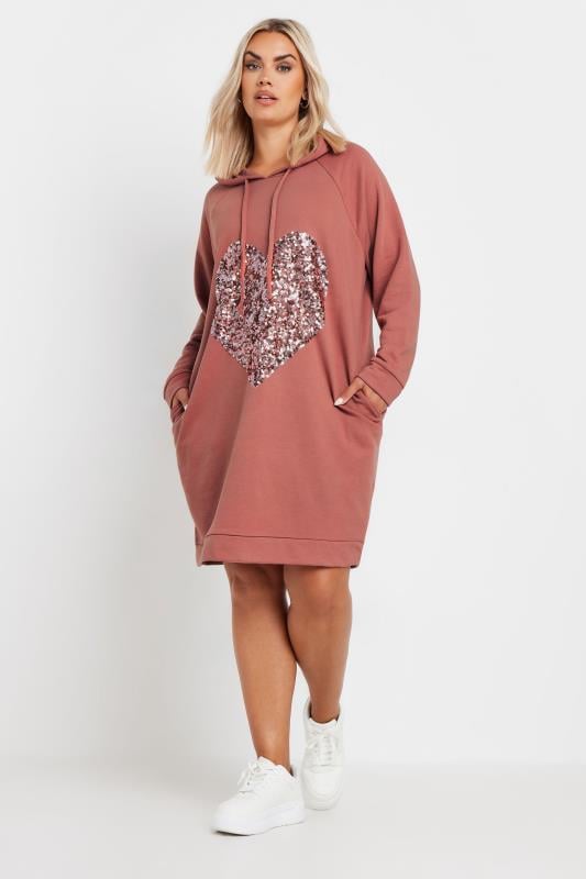 YOURS Plus Size Pink Sequin Embellished Heart Hoodie Dress Yours Clothing