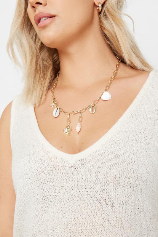 Gold Tone Shell Charm Droplet Necklace