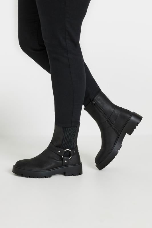  Grande Taille Black Chunky Biker Chelsea Boot In Wide E Fit & Extra Wide EEE Fit