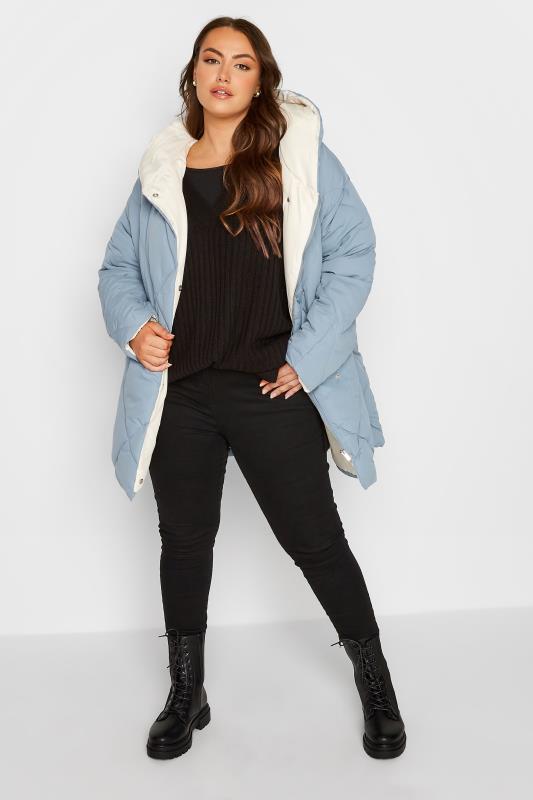 Plus Size Blue Quilted Shawl Collar Coat | Yours Clothing 2