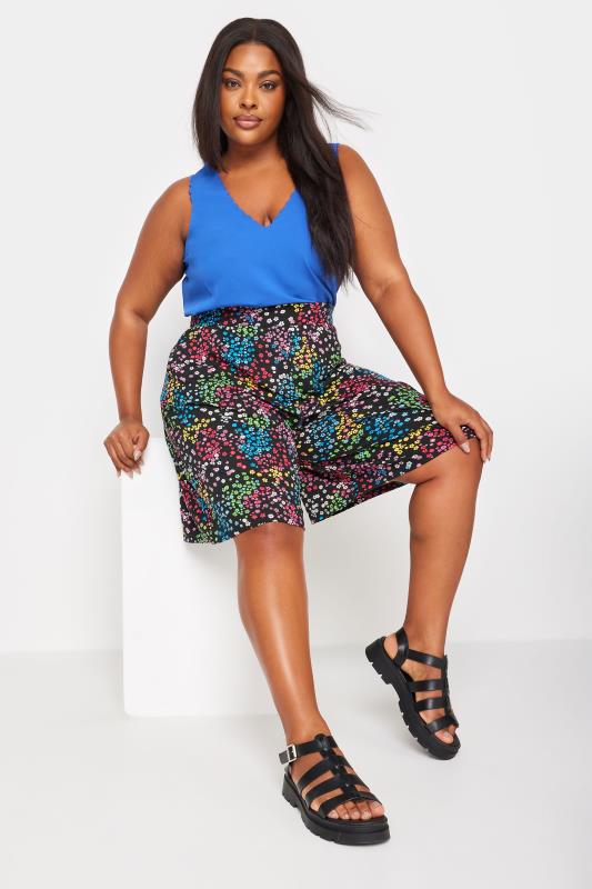 YOURS Plus Size Black Rainbow Ditsy Floral Print Jersey Shorts | Yours Clothing 2