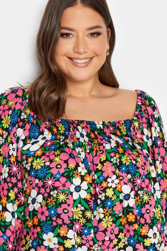 YOURS Plus Size Blue & Pink Floral Shirred Neck Gypsy Top | Yours Clothing 4