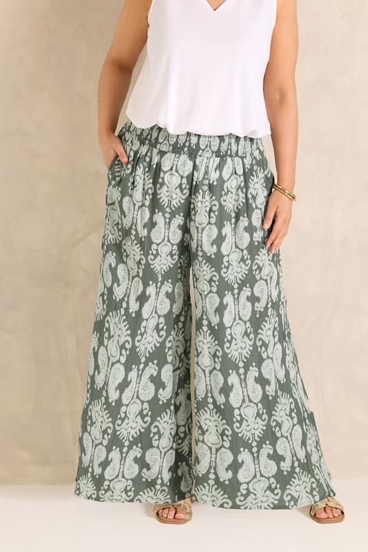 EVANS Plus Size Green Abstract Shirred Waist Trousers | Evans 4
