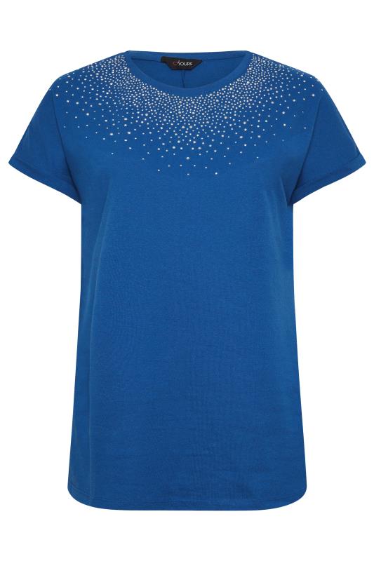 YOURS Plus Size Cobalt Blue Embellished Neck T-Shirt | Yours Clothing 6