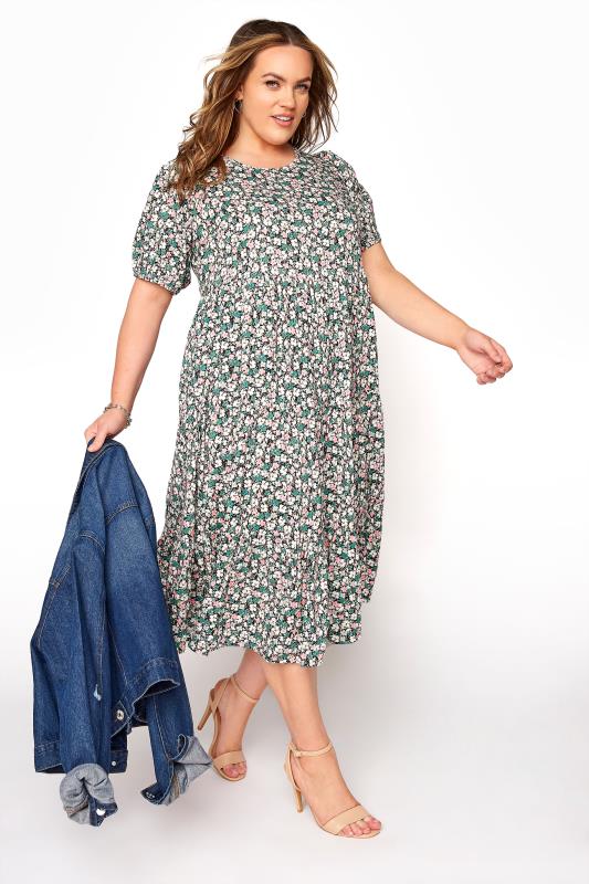 Curve Green Floral Short Puff Sleeve Tiered Midi Dress 1
