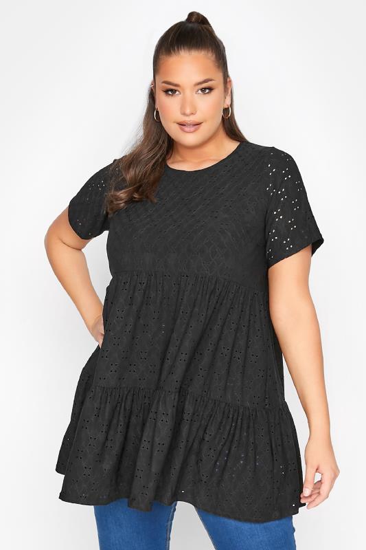 LIMITED COLLECTION Curve Black Broderie Anglaise Tiered Smock Top 1