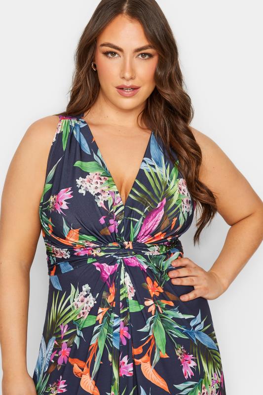 YOURS LONDON Plus Size Curve Navy Blue Tropical Print Knot Front Maxi Dress | Yours Clothing  4