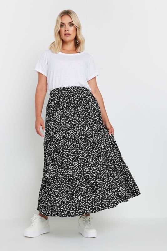 YOURS Plus Size Black Ditsy Floral Tiered Midaxi Skirt | Yours Clothing 2