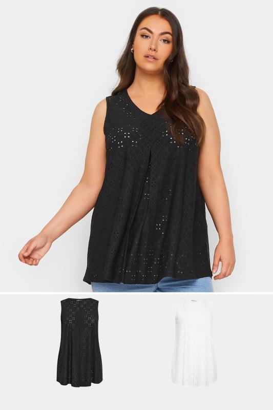 2 PACK Black & White Broderie Anglaise Swing Vest Tops | Yours Clothing 1