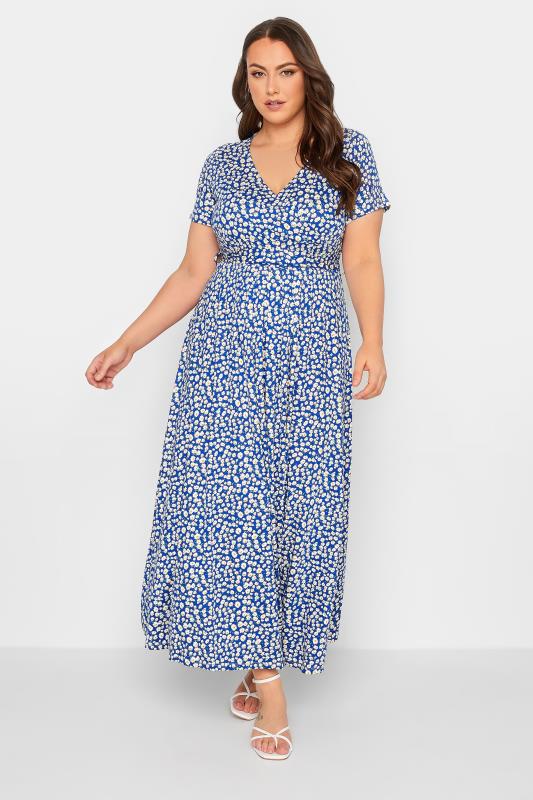 YOURS Curve Plus Size Blue Ditsy Floral Wrap Dress | Yours Clothing 2