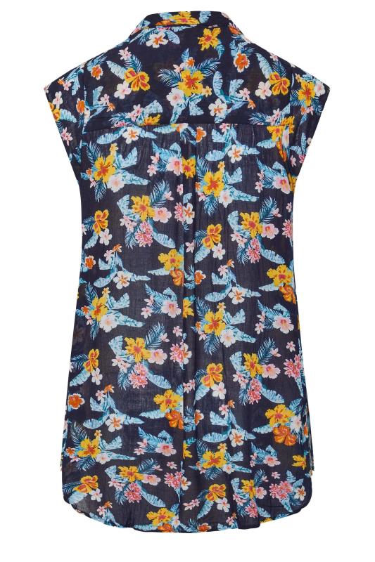 Plus Size Navy Blue Floral Print Cap Sleeve Dipped Hem Shirt | Yours Clothing 7