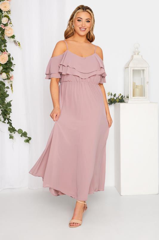 Plus Size  YOURS LONDON Curve Dusky Pink Bardot Ruffle Bridesmaid Maxi Dress
