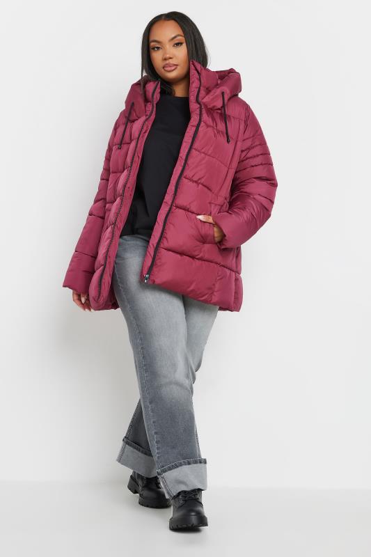 YOURS Plus Size Berry Red Sporty Puffer Coat | Yours Clothing 3