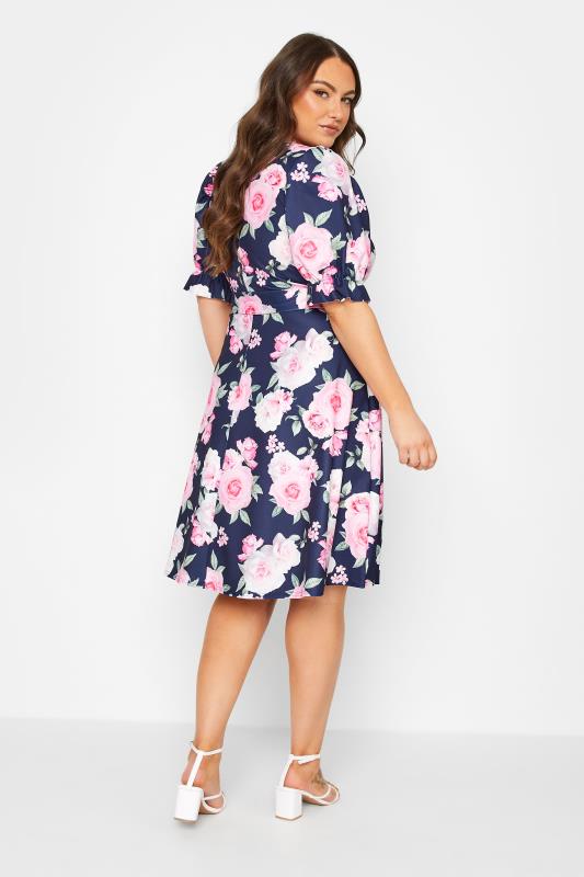 YOURS LONDON Curve Navy Blue Floral Print Puff Sleeve Dress | Yours Clothing 3