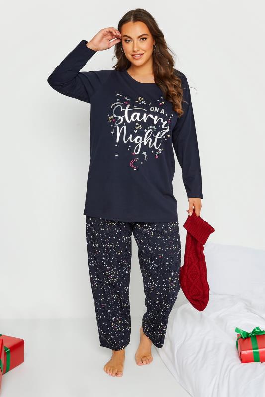 Plus Size Navy Blue 'On A Starry Night' Printed Pyjama Set | BadRhino 1