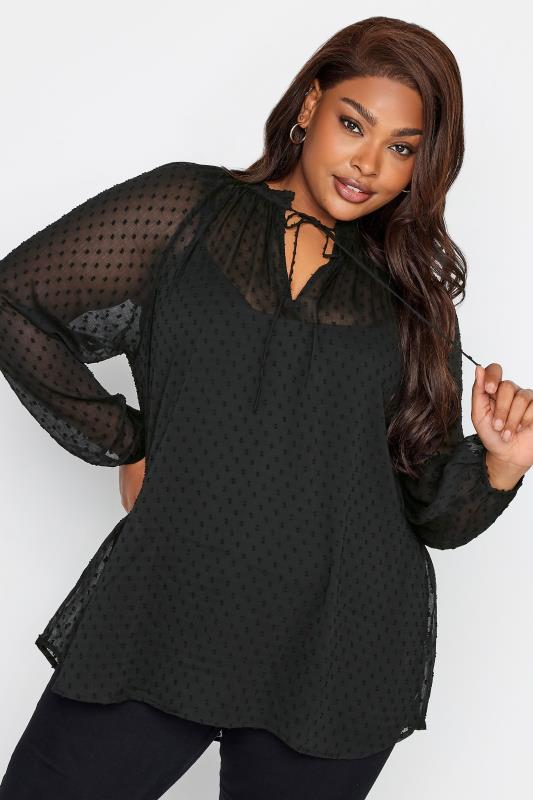  Grande Taille YOURS Curve Black Tie Neck Dobby Blouse