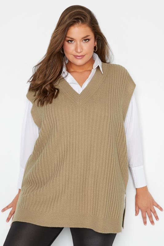 Plus Size Beige Brown Ribbed V-Neck Knitted Vest Top | Yours Clothing 3