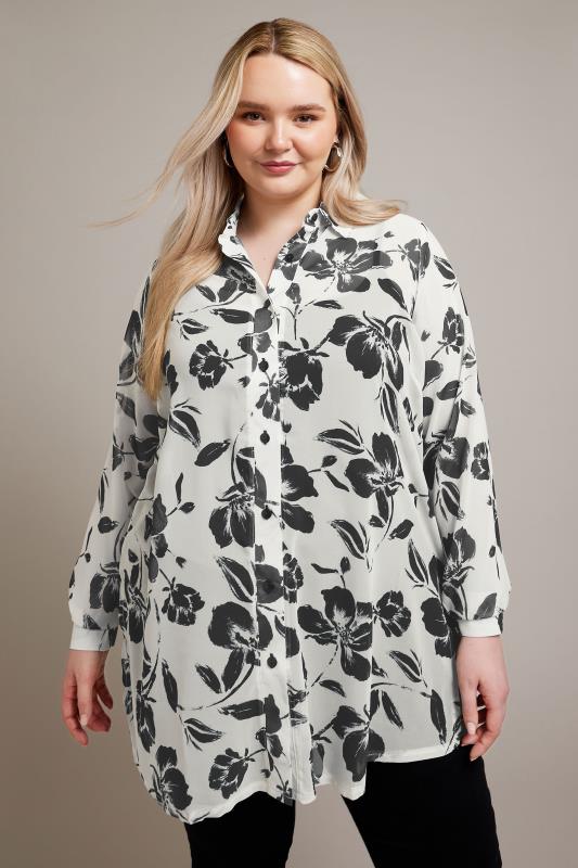 YOURS LONDON Plus Size Ivory White & Black Floral Boyfriend Shirt | Yours Clothing 2