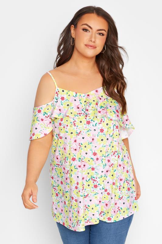 Plus Size Yellow Floral Frill Cold Shoulder Top | Yours Clothing  1
