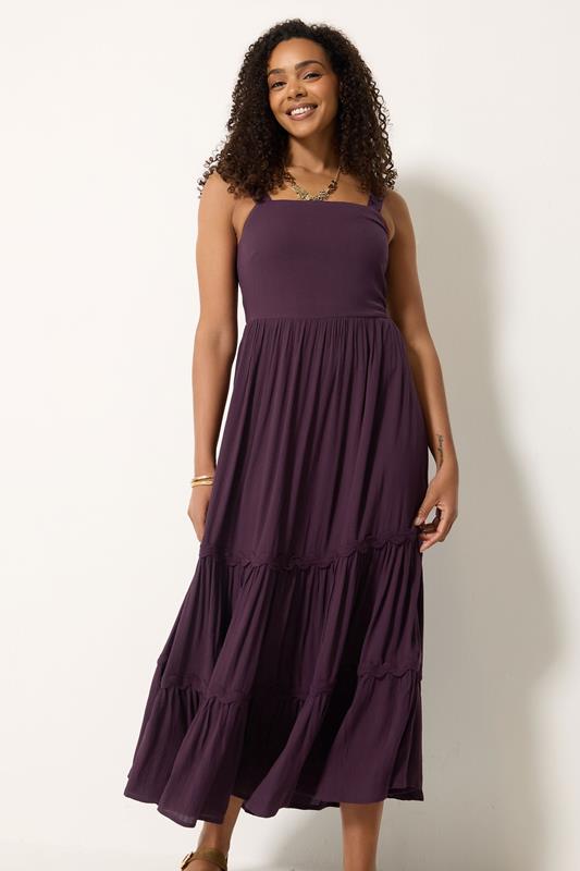 M&Co Berry Purple Woven Swirl Trim Tiered Maxi Dress | M&Co 1