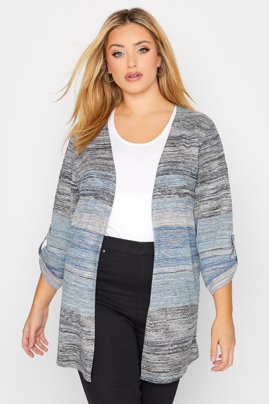 Plus Size  Curve Grey & Blue Marl Stripe Roll Sleeve Cardigan