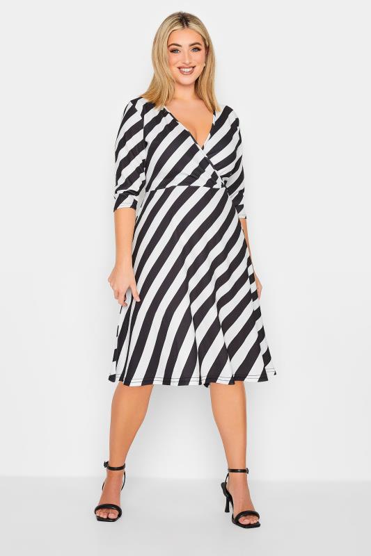 YOURS PETITE Plus Size Black & White Stripe Wrap Dress | Yours Clothing 1