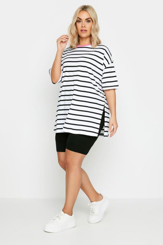 YOURS Plus Size Black & White Stripe Split Hem Oversized T-Shirt | Yours Clothing 2