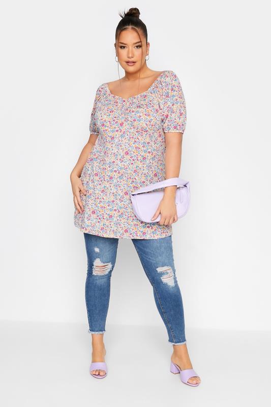 LIMITED COLLECTION Plus Size White Ditsy Print Puff Sleeve Ruched Top | Yours Clothing 2
