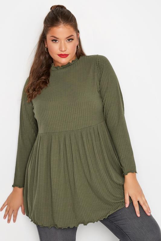 LIMITED COLLECTION Plus Size Khaki Green Peplum Lettuce Hem Top | Yours Clothing  1