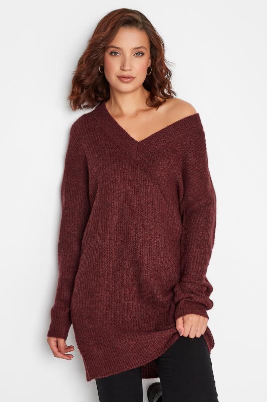 LTS Tall Women's Burgundy Red V-Neck Knitted Tunic Top | Long Tall Sally 1