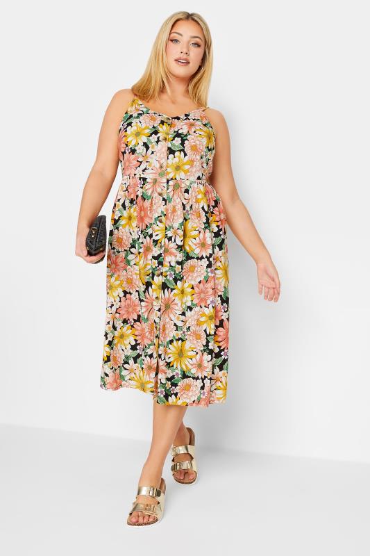  YOURS Curve Yellow & Black Floral Button Strappy Sundress