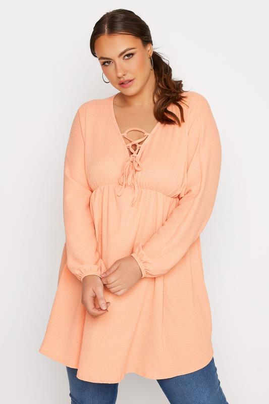 LIMITED COLLECTION Plus Size Orange Crinkle Lace Up Peplum Blouse | Yours Clothing 1