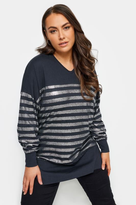 YOURS LUXURY Navy Blue Metallic Wide Stripe Top | Yours Clothing 1