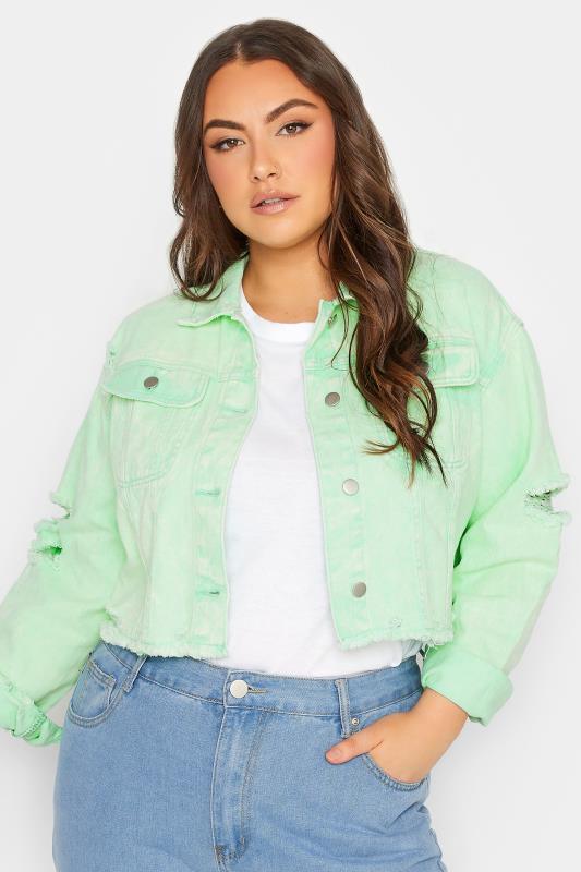 Plus Size Mint Green Cropped Distressed Denim Jacket | Yours Clothing  1