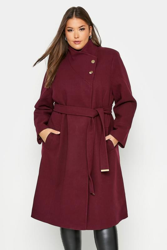 Plus Size  Curve Burgundy Red Belted Wrap Coat