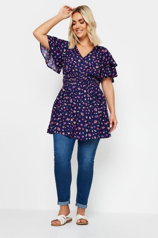 YOURS Plus Size Navy Blue Ditsy Print Flutter Sleeve Peplum Top 3