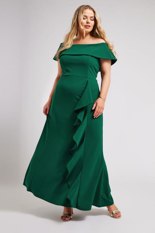 YOURS LONDON Plus Size Emerald Green Ruffle Bardot Maxi Dress | Yours Clothing 1