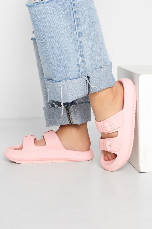Pink Double Buckle Slider Sandals In Extra Wide EEE Fit 1