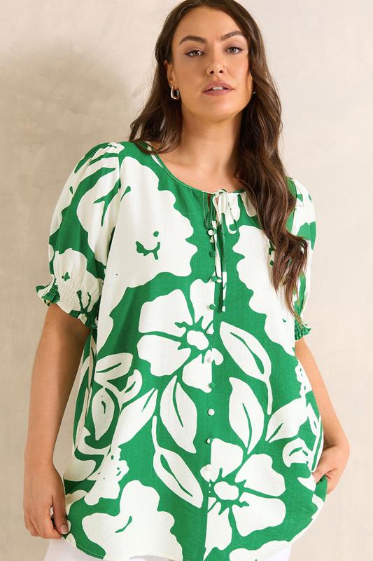  EVANS Curve Green Floral Tie Neck Top