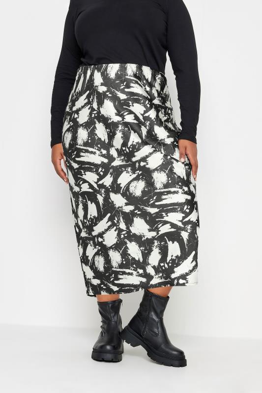 Plus Size  YOURS Curve Black & White Abstract Print Satin Midi Skirt
