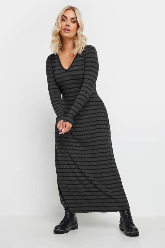  Tallas Grandes YOURS Curve Charcoal Grey Stripe Ribbed Maxi Dress