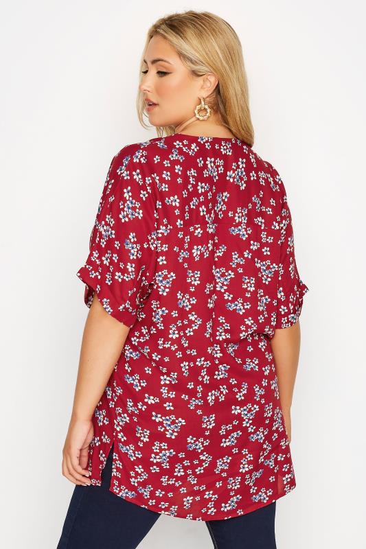 Plus Size Red Floral Print Pleat Front V-Neck Top | Yours Clothing 3