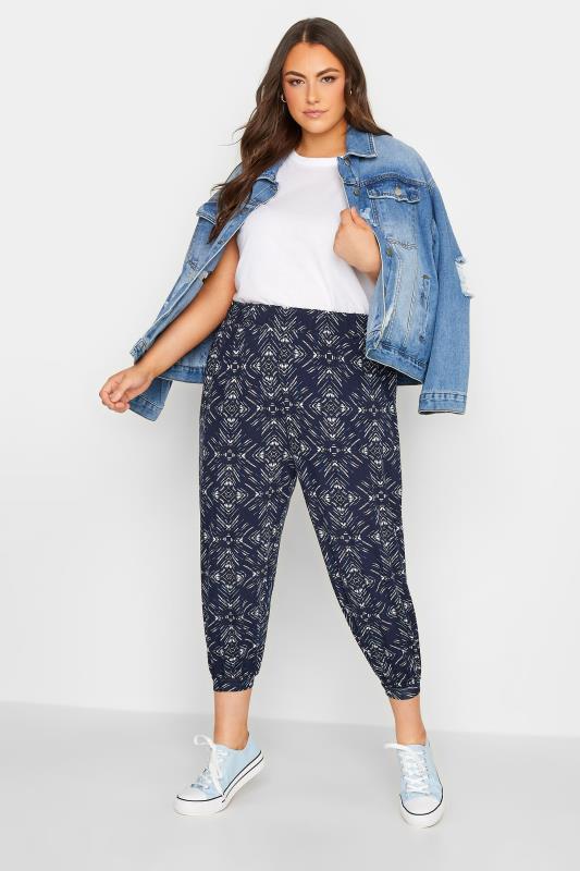 YOURS Plus Size Navy Blue Diamond Print Cropped Harem Trousers | Yours Clothing 2