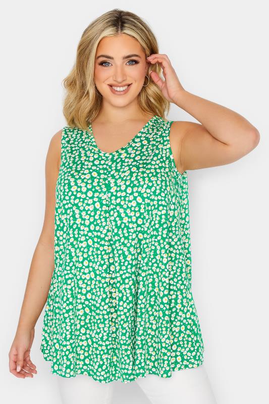 YOURS Plus Size Green Daisy Print Pleat Front Vest Top | Yours Clothing 1