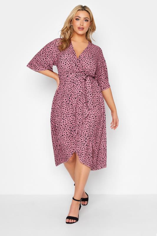 YOURS LONDON Plus Size Pink Dalmatian Print Midi Wrap Dress | Yours Clothing 1