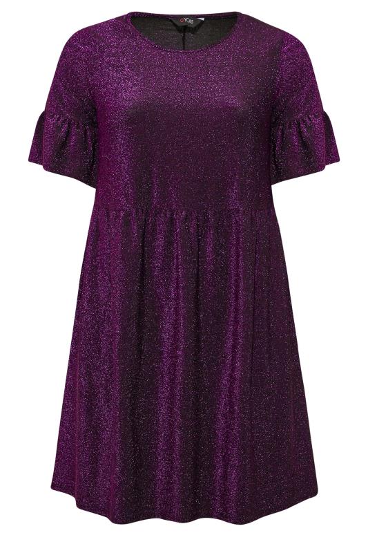 Plus Size Purple Glitter Frill Sleeve Smock Dress | Yours Clothing 7