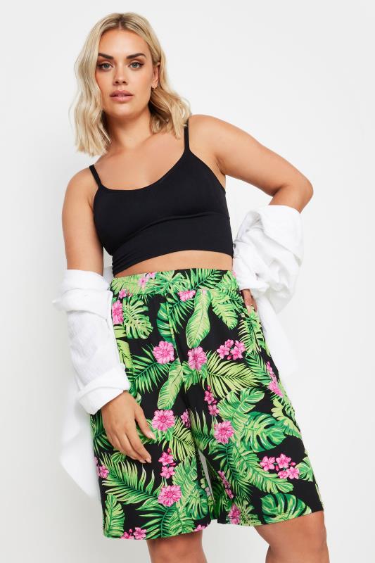 Plus Size  YOURS Curve Black Tropical Print Jersey Pull On Shorts