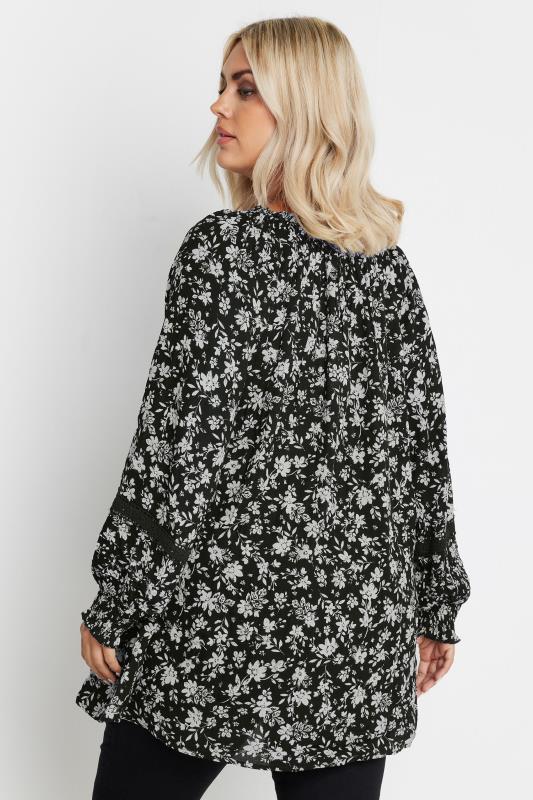 YOURS Plus Size Black Floral Print Tie Neck Boho Top | Yours Clothing 3