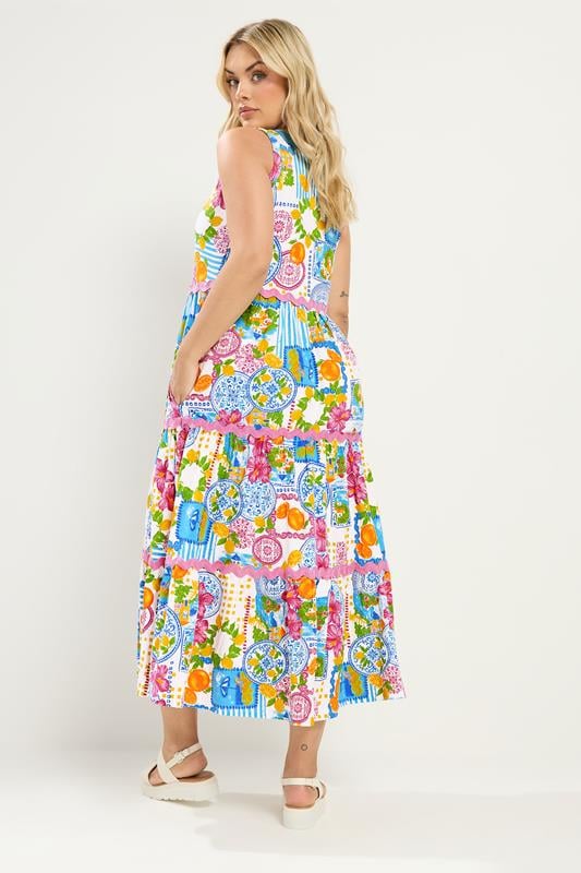 YOURS Plus Size White & Blue 'Mediterranean' Print Tiered Maxi Dress| Yours Clothing 2